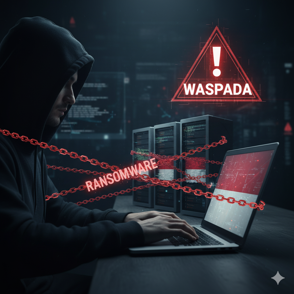 Ilustrasi serangan ransomware yang menargetkan perusahaan di Indonesia, menyoroti risiko keamanan siber.